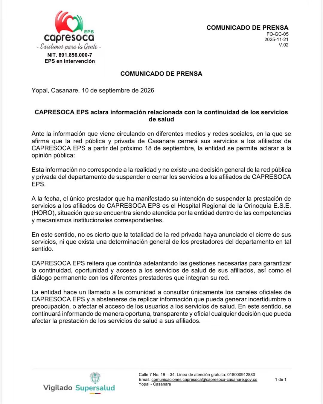 CAPRESOCA DESMIENTE CIERRE DE SERVICIOS DE SALUD